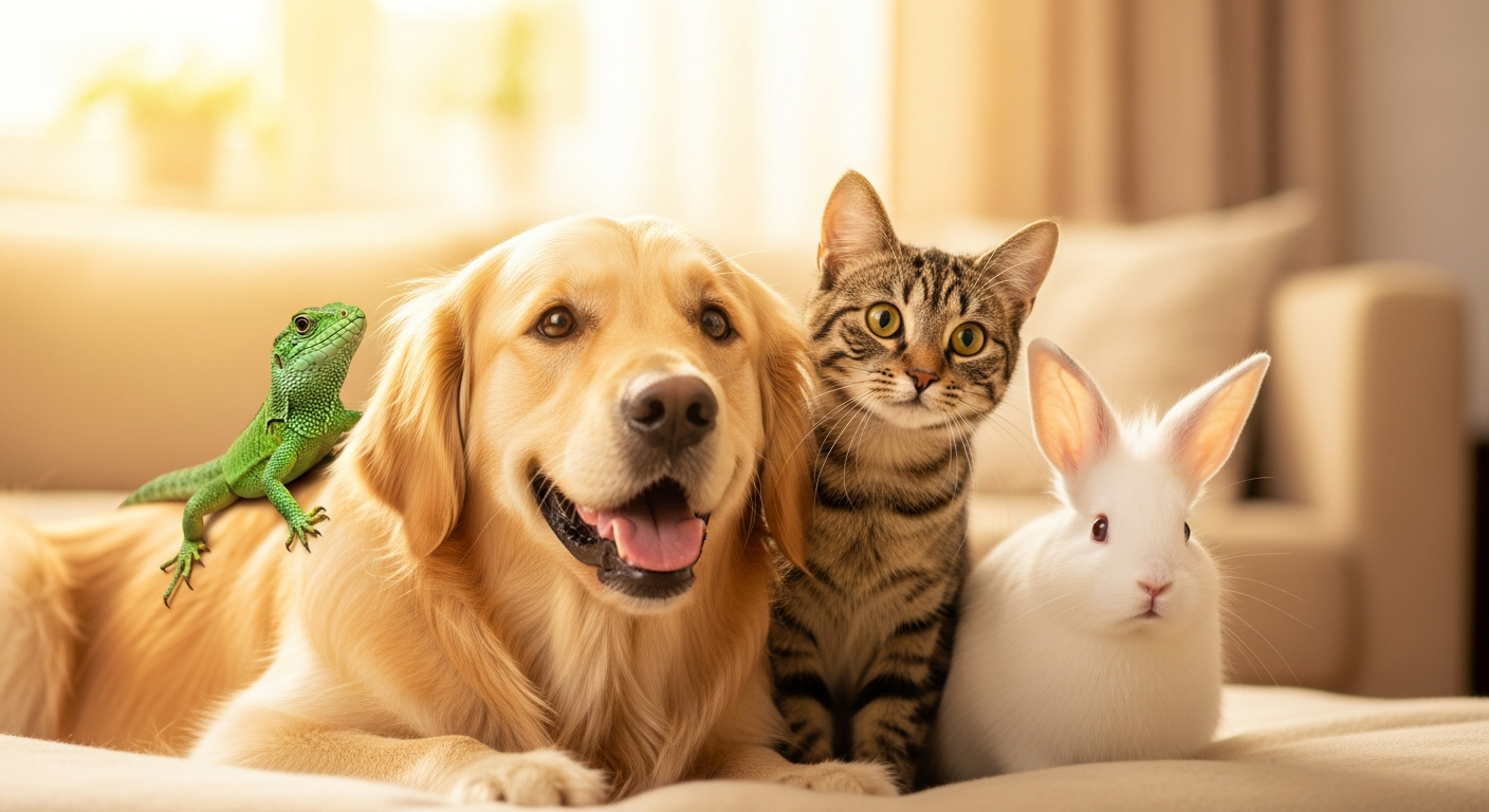 Happy dogs, cats, bunny and lizard